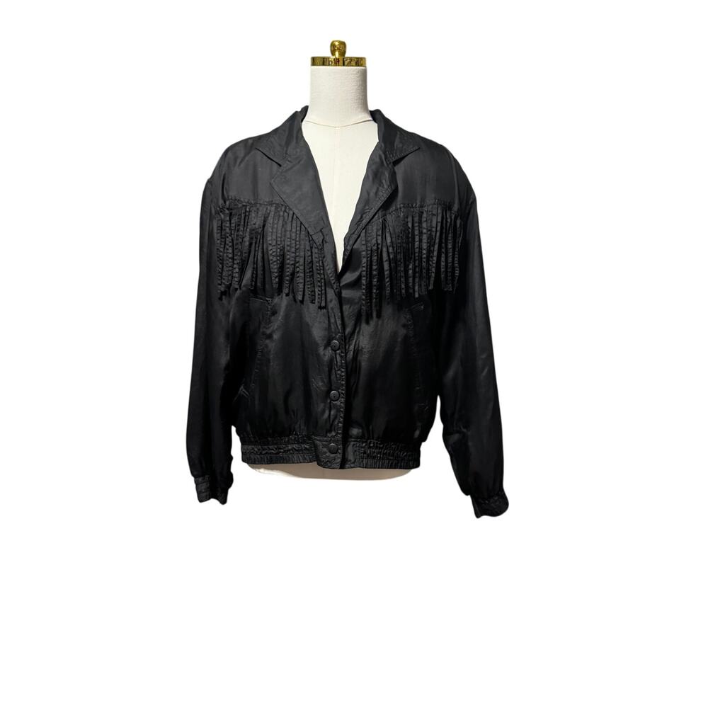 Vintage Malcolm Flowers 100% Silk Black Fringe Bomber Jacket 80s Oversized M/L
